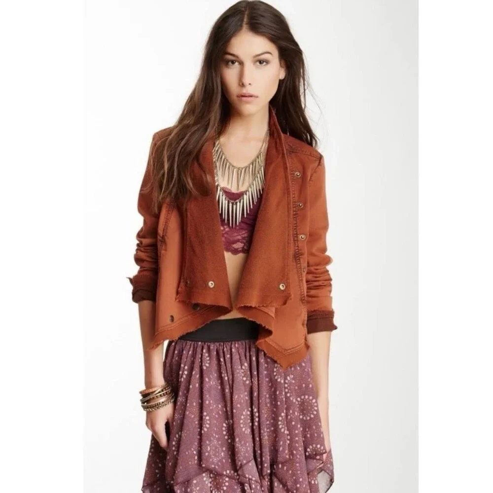 Free People Rust Orange Collapsing Twill Raw Hem Moto Jacket Boho Utility Small